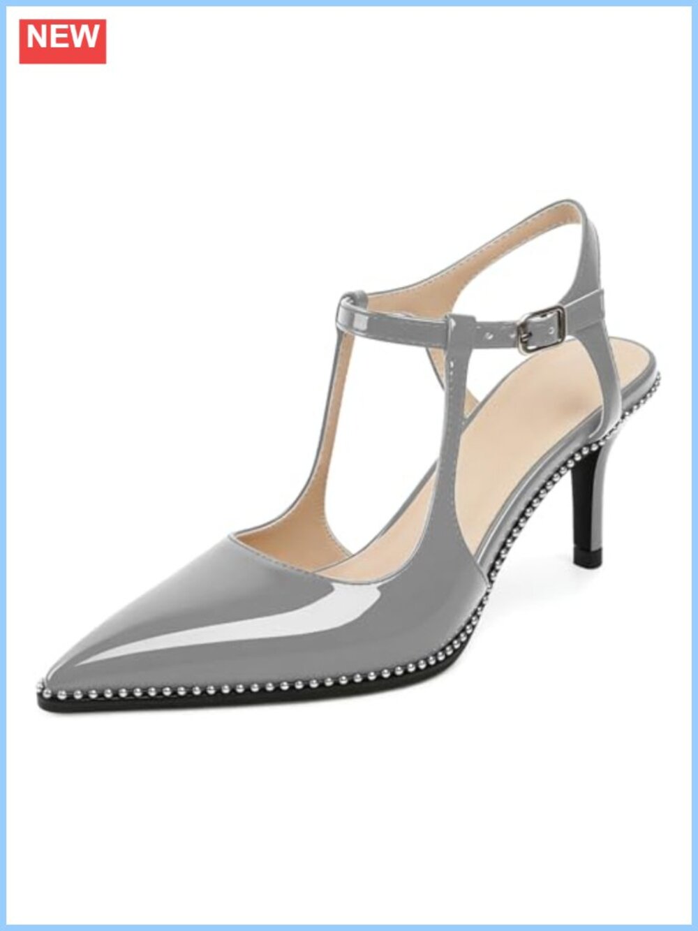 Kitten Heel Slingback Pointed Toe Ankle Strap Beaded Patent Leather Pumps